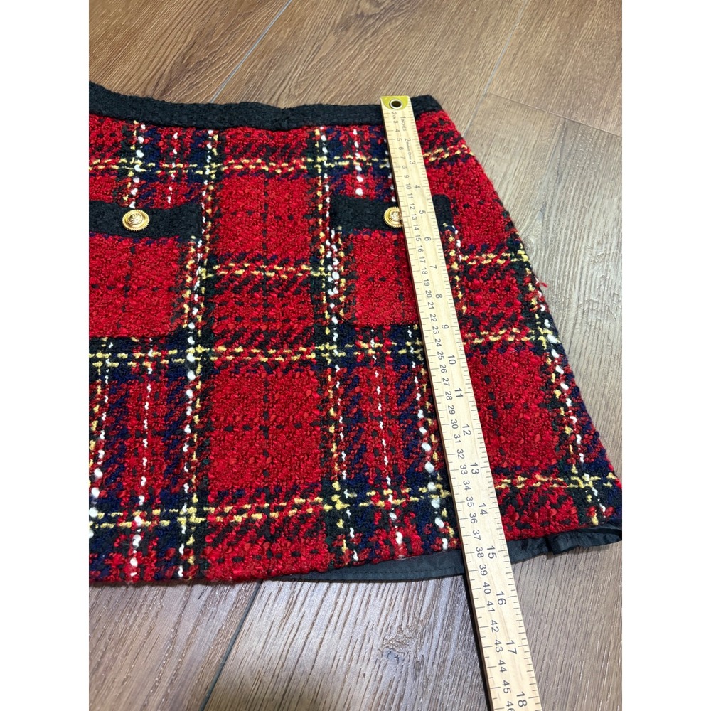Zara Red Plaid Bouclé Tweed Mini Skirt Black Trim Gold Buttons XS - Picture 9 of 11